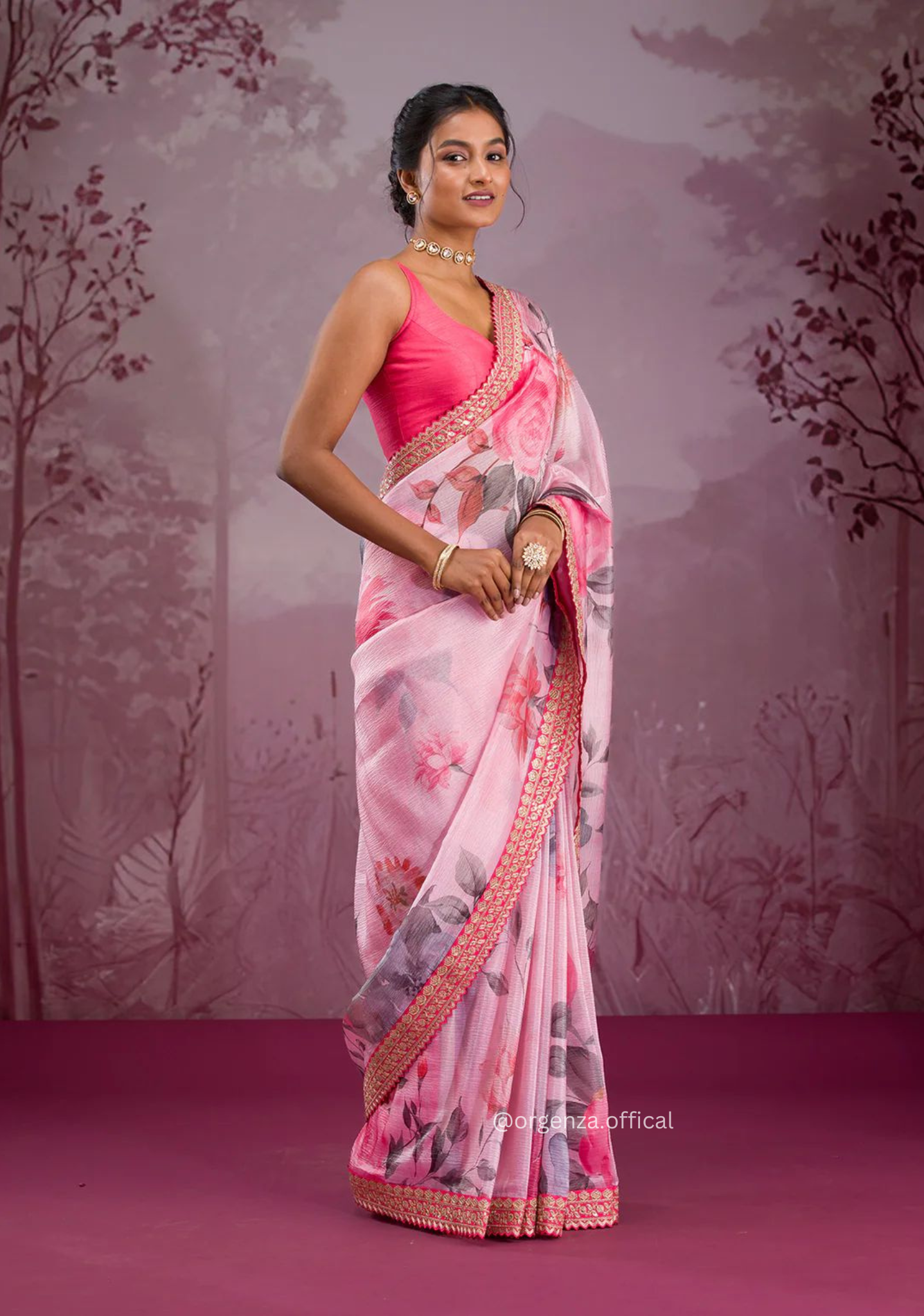 Pink Colour Chinnon Silk Saree