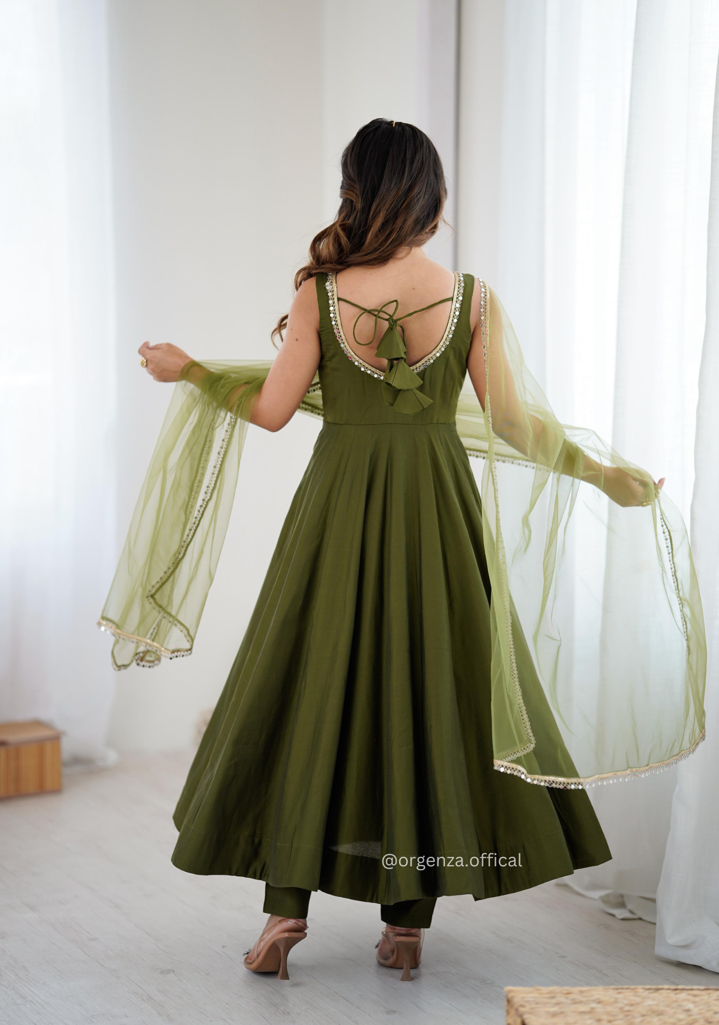 Green Colour Roman Silk Chanderi Anarkali Kurti