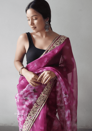 Pink Organza Saree With Gotta Patti Border - Orgenza Store - digisoch