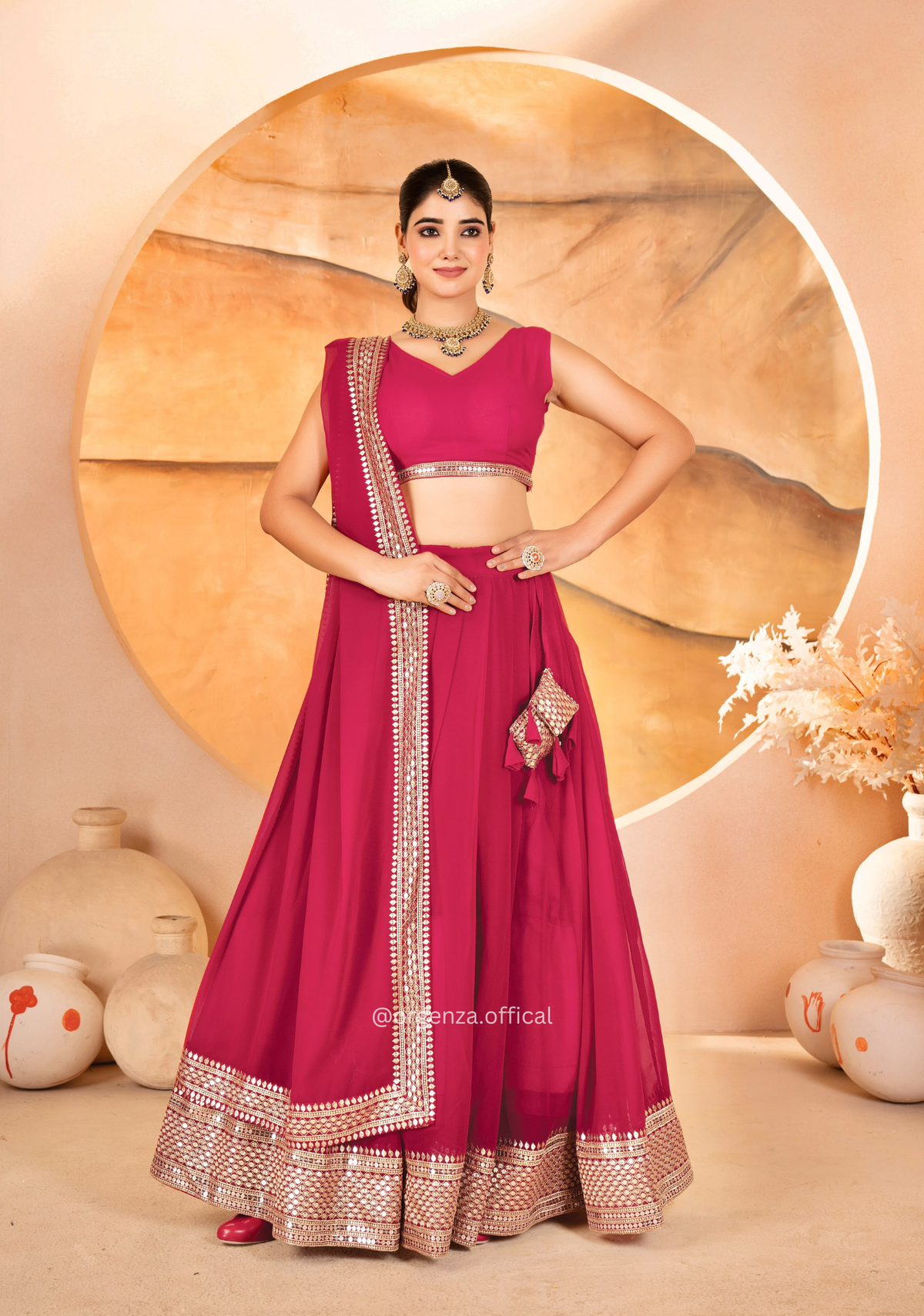 Pink Faux Blooming Sequins Embroidered Traditional Lehenga Choli Set