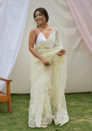 Light Yellow Organza Saree With Embroidery Work - Orgenza Store - digisoch