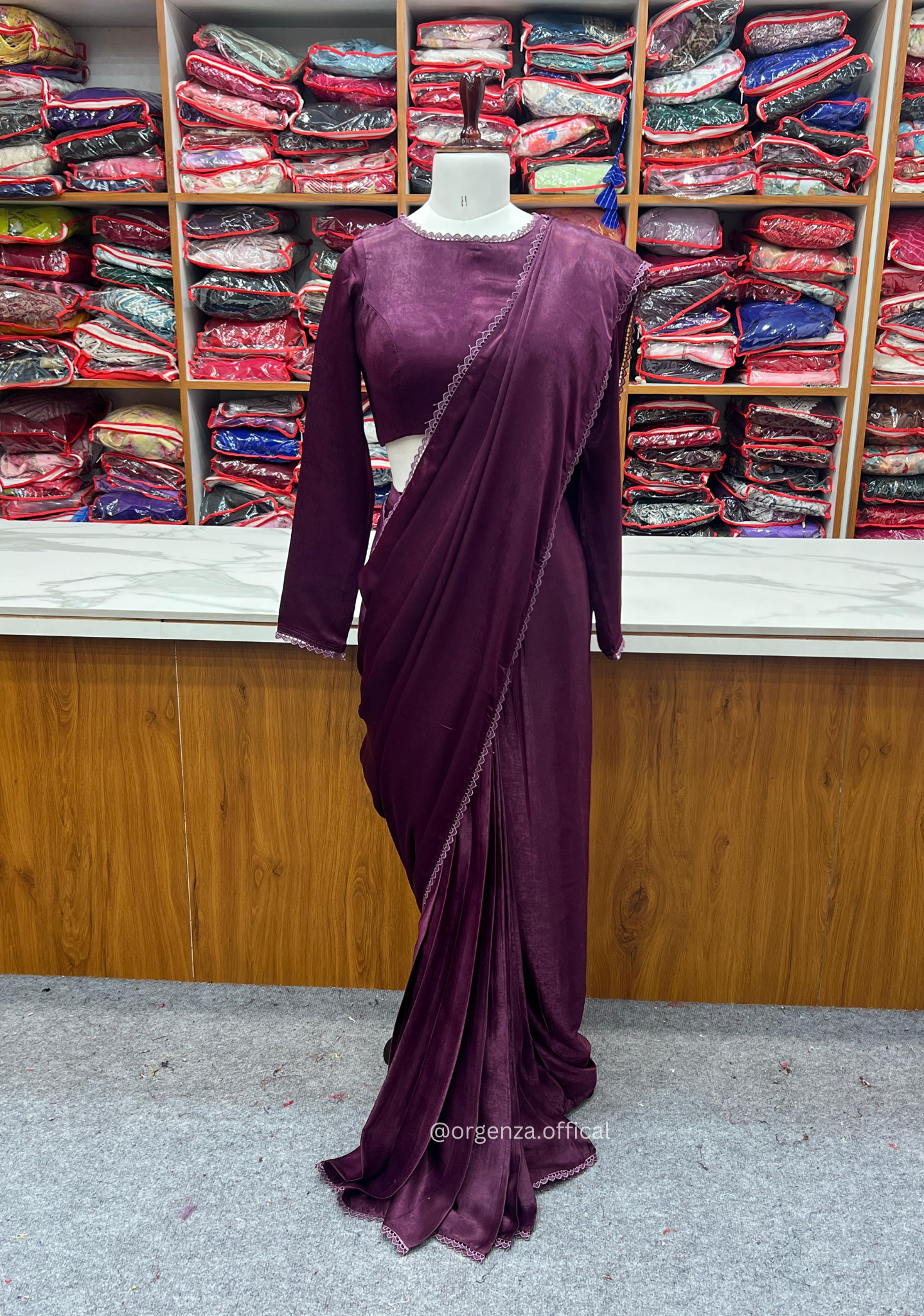 Ready To Wear Wine Colour Marble Velvet Saree - Orgenza Store