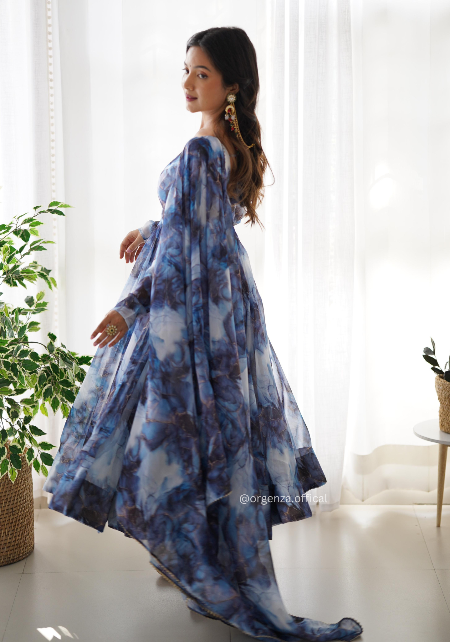 Grey Colour Organza Silk Marble Print Anarkali Kurtis - Orgenza Store