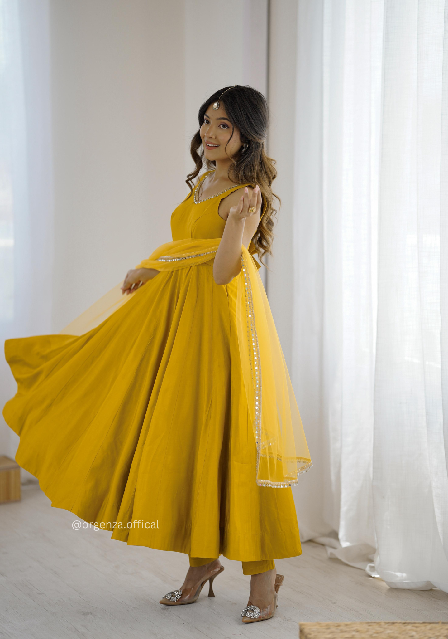Yellow Colour Roman Silk Chanderi Plain Anarkali Kurti