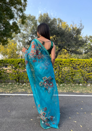 Sea Blue Colour Organza Saree With Handwork - Orgenza Store - digisoch