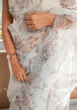 White Organza Saree With Sequences Work - Orgenza Store - digisoch