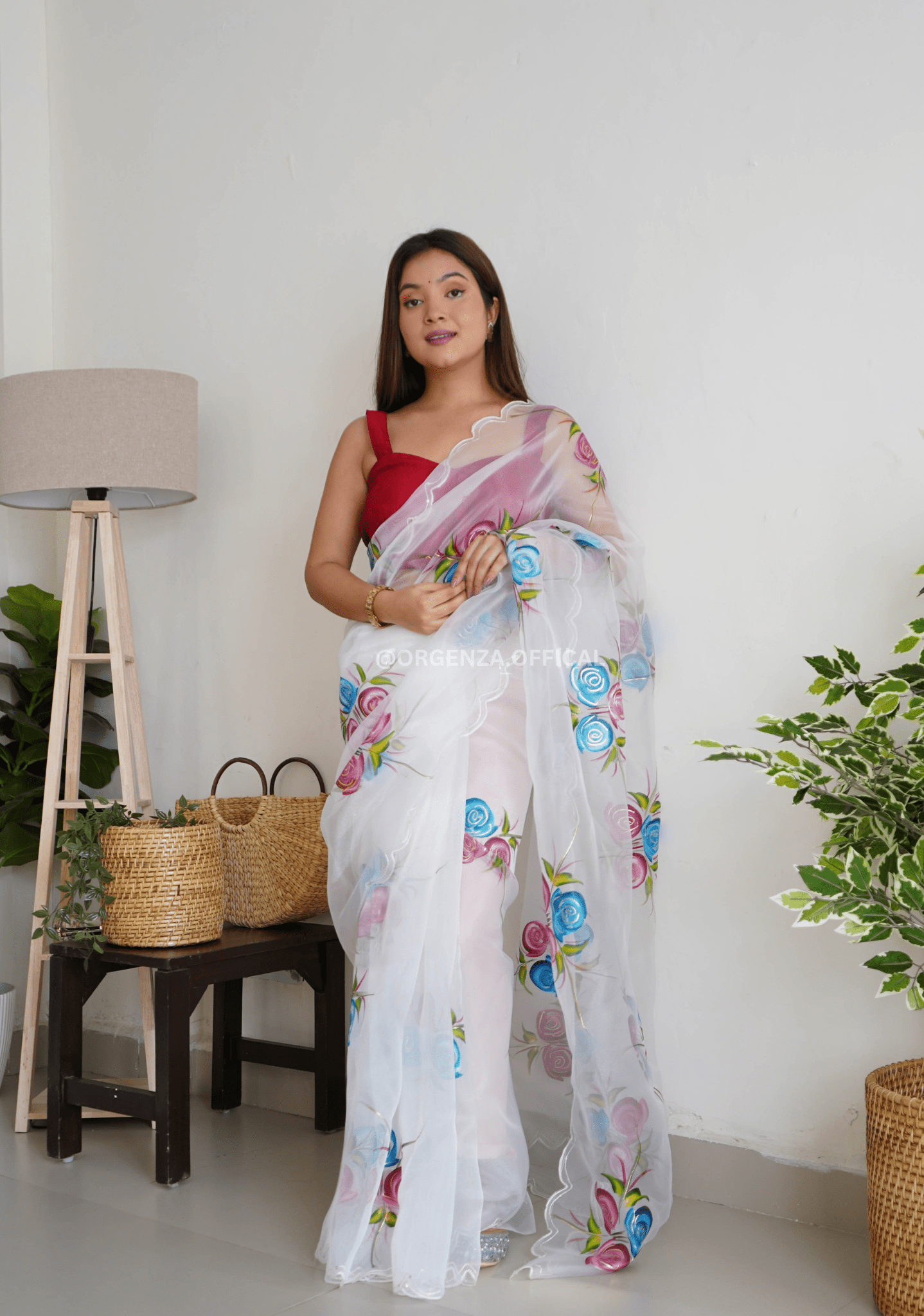 White Hand Print Organza Saree - Orgenza Store - digisoch