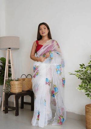 White Hand Print Organza Saree - Orgenza Store - digisoch