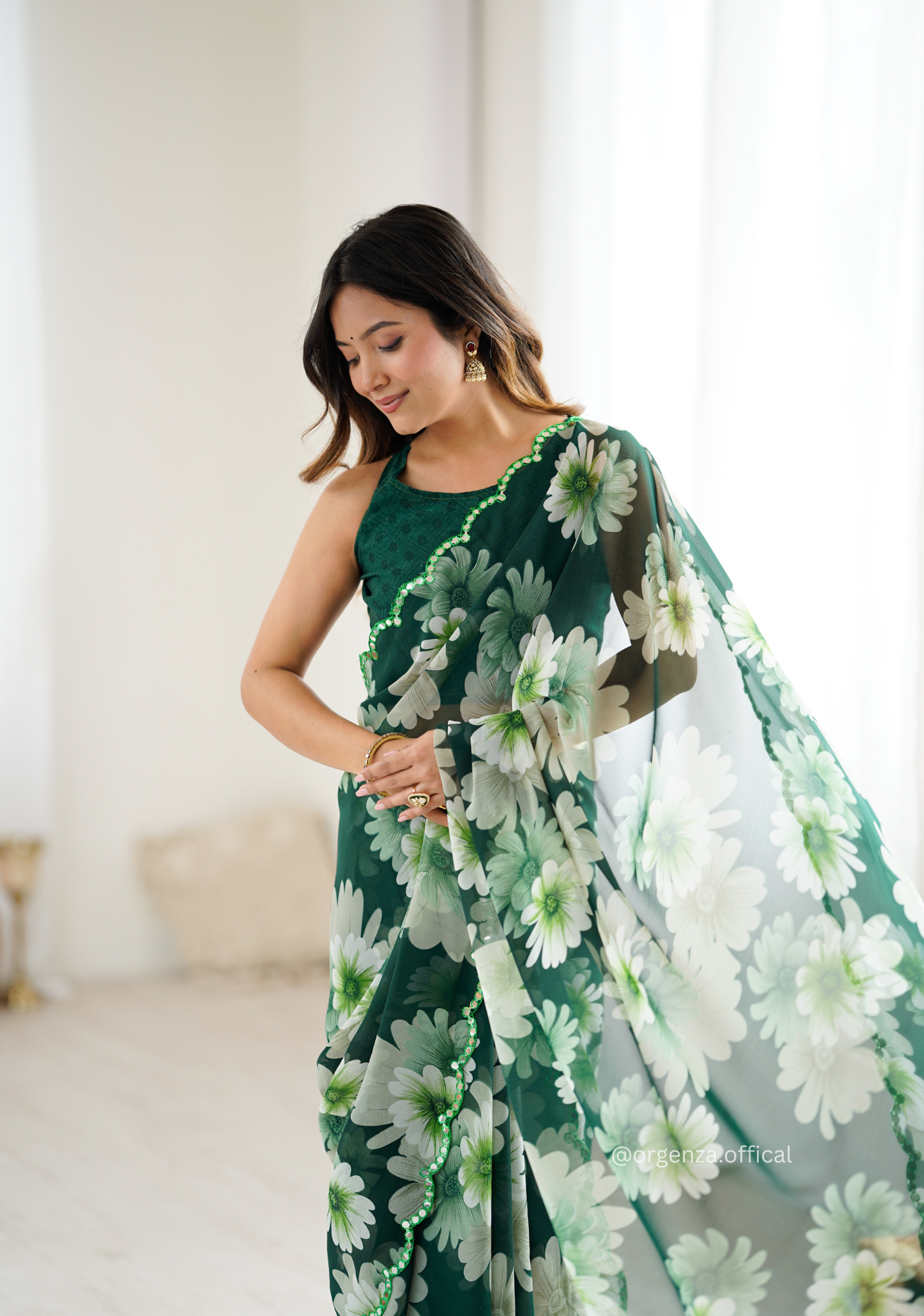 Green Colour Georgette Printed Mirror Saree
