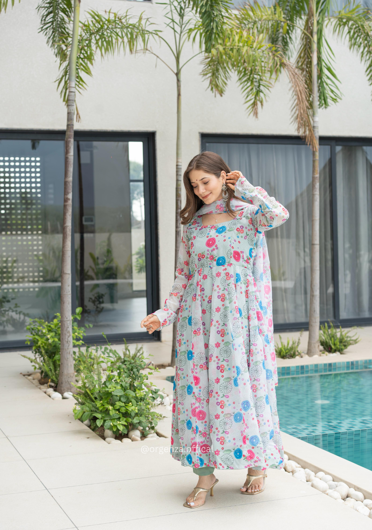 Multi Colour Pure Organza Silk Floral Anarkali Kurtis