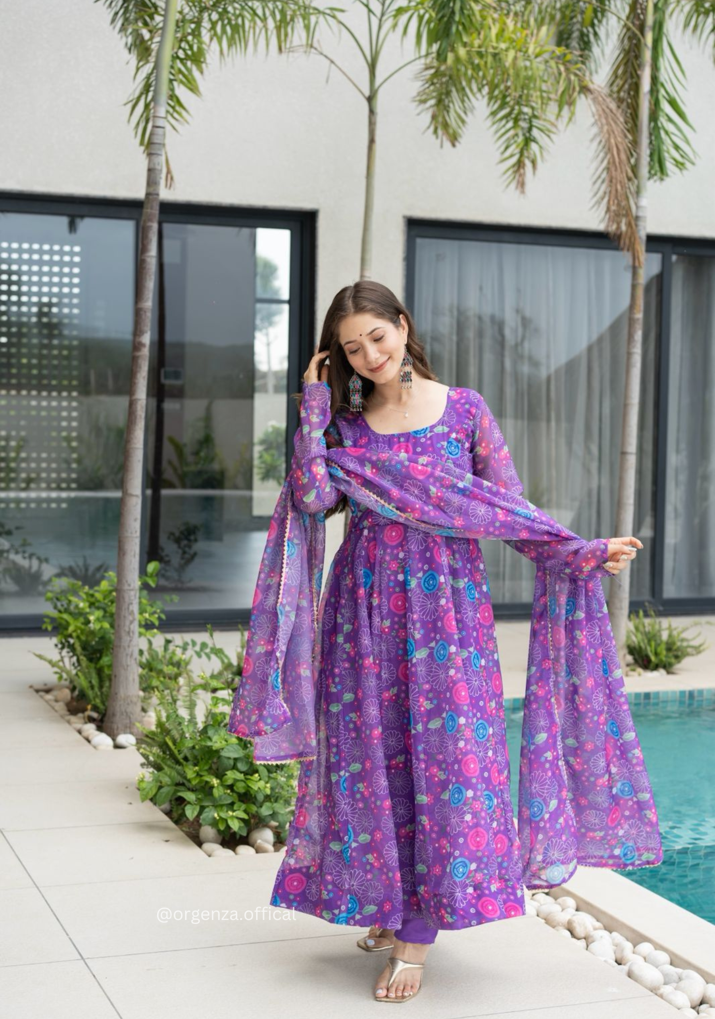 Purple Colour Pure Organza Silk Floral Anarkali Kurtis