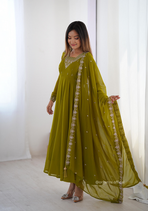 Mehndi Green Georgette Anarkali With Dupatta And Pant - Orgenza Store