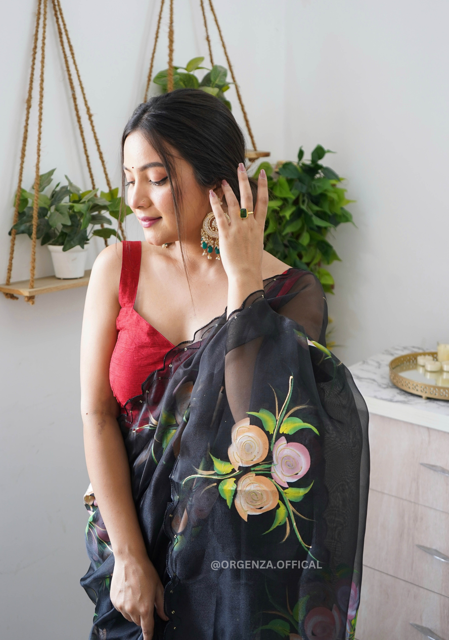 Black Hand Print Organza Saree With Blouse - Orgenza Store