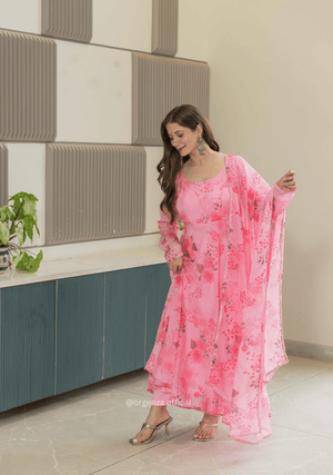 Baby Pink Colour Pure Organza Silk Floral Anarkali Kurtis - Orgenza Store - digisoch