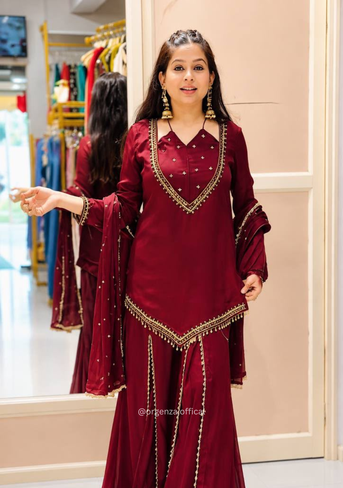 Maroon Roman Glass Real Mirror Work Kurta Palazzo Set