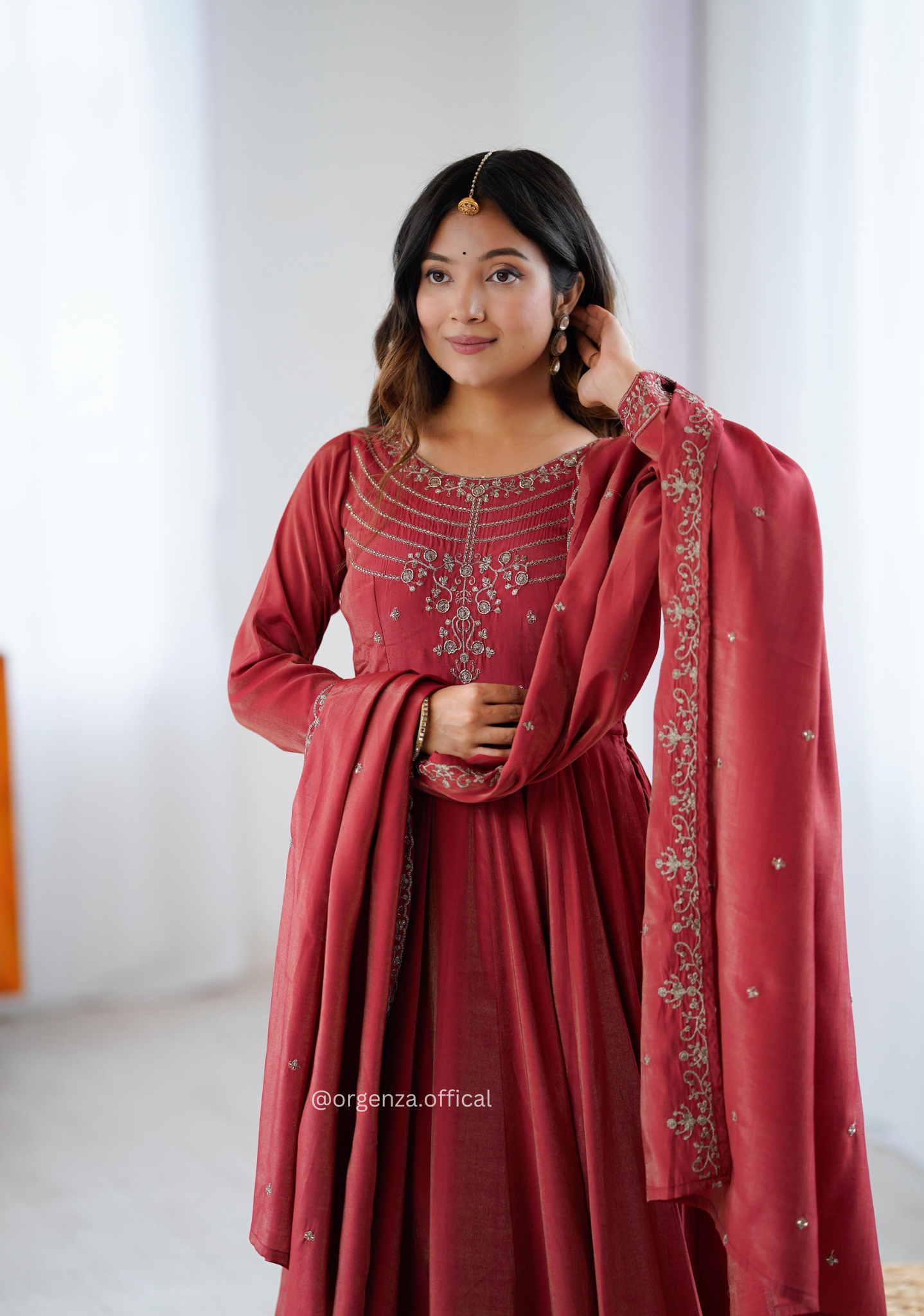 Maroon Colour Roman Shimmer Chanderi Silk Anarkali Kurti