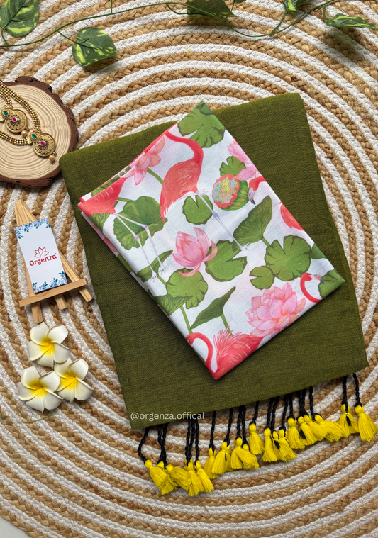 Mehendi Green Colour Cotton Saree With Lotus Print Blouse