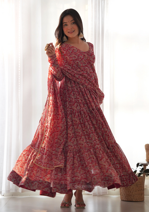 Pure Soft Fox Georgette Kalamkari Print Ruffle Anarkali - Orgenza Store