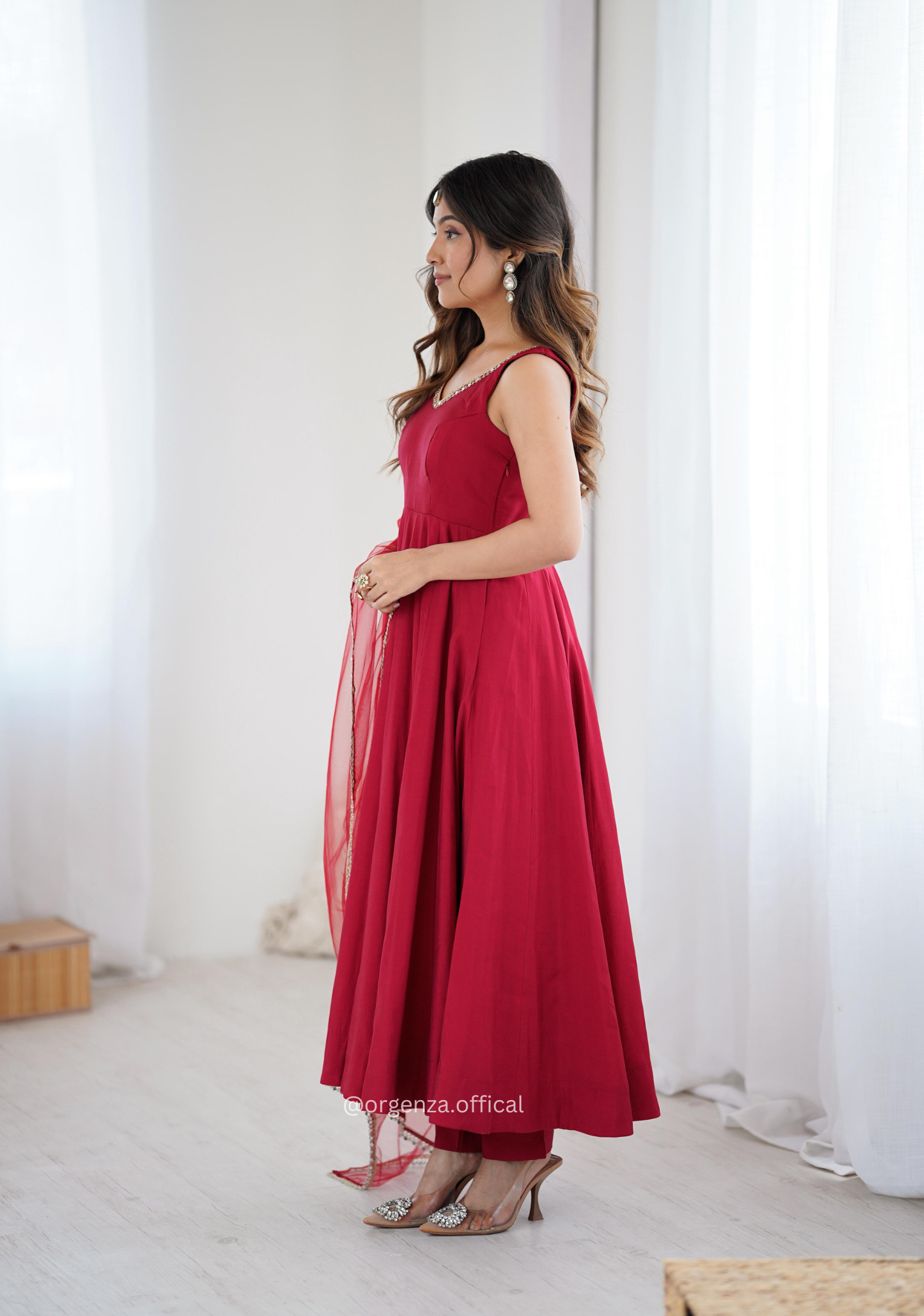 Maroon Colour Roman Silk Chanderi Plain Anarkali Kurti