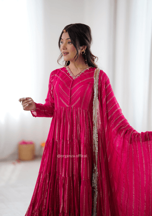 Mal Chanderi Mirror Work Ruffle Gown Set with Dupatta – Fully Stitched - Orgenza Store - digisoch