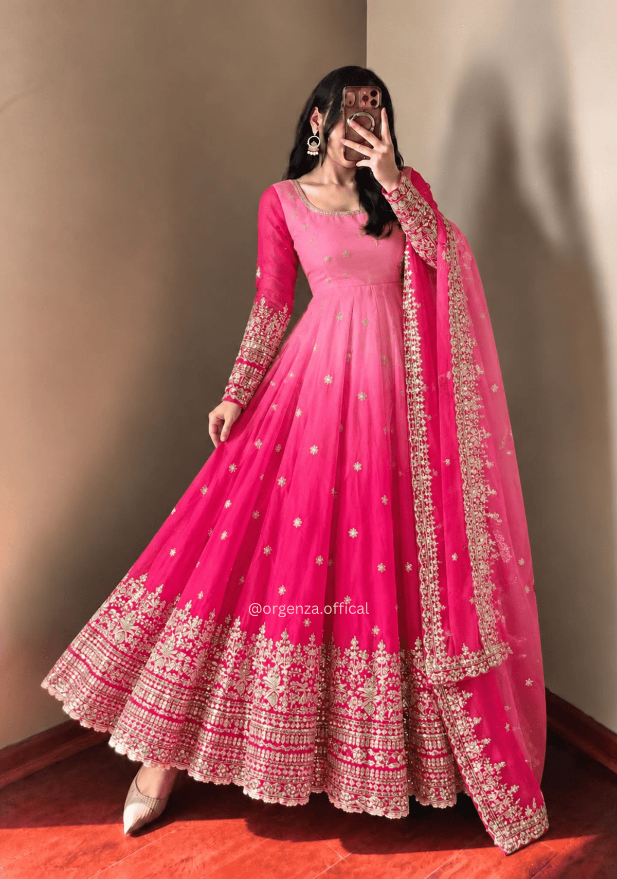 Pink Ombre Georgette Embroidered Gown Set