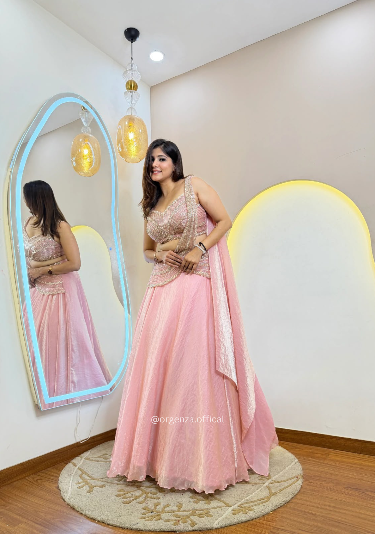 Baby Pink Fandy Organza Handwork Lehenga Set with Draped Dupatta