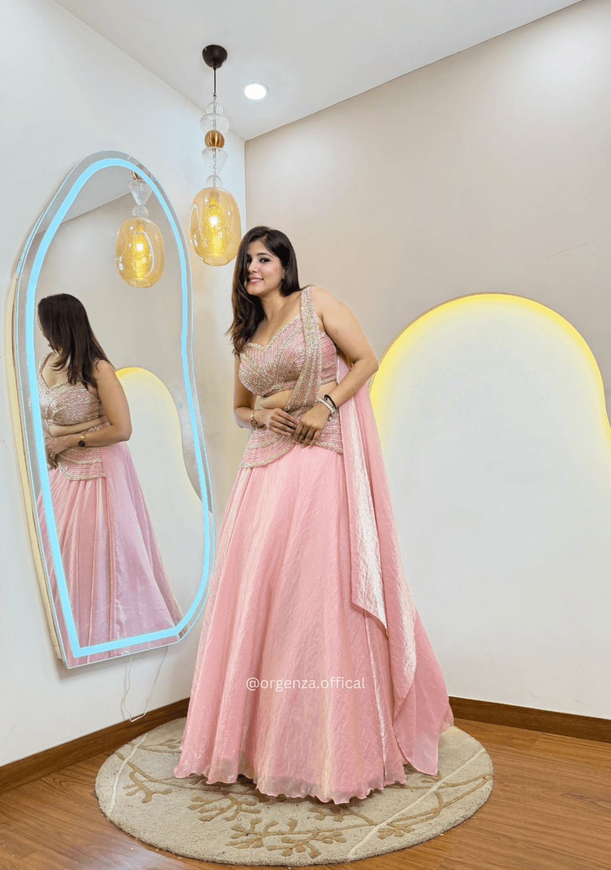 Baby Pink Fandy Organza Handwork Lehenga Set with Draped Dupatta