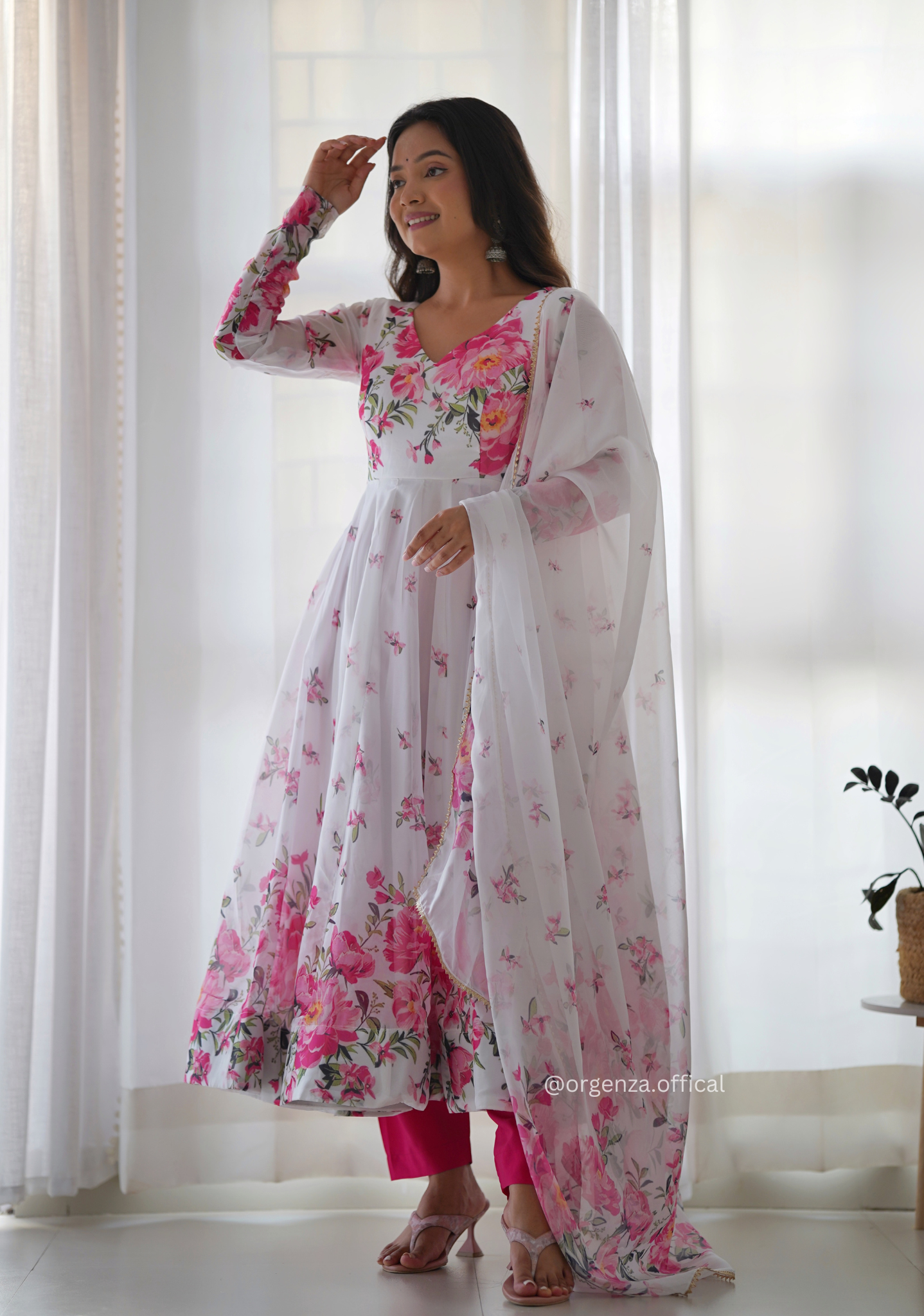 White Floral Organza Anarkali With Dupatta Set - Orgenza Store