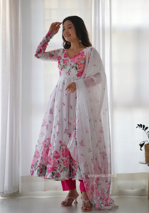 White Floral Organza Anarkali With Dupatta Set - Orgenza Store