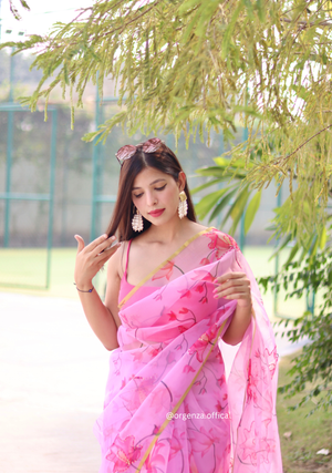 Organza Silk Saree With Floral Thread Work - Orgenza Store - digisoch
