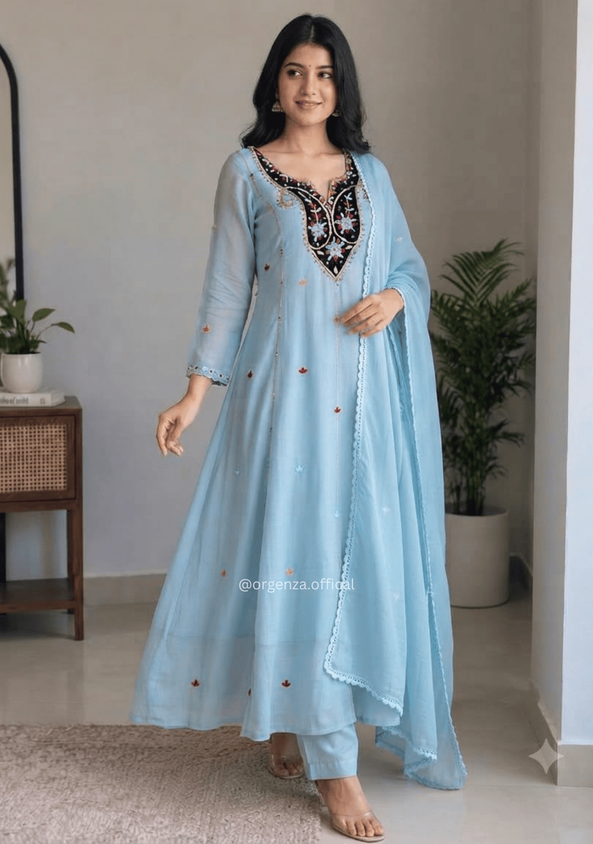 Blue Colour Mul Chanderi Embroidered Suit Set