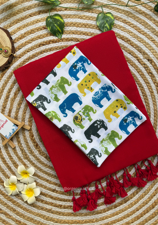 Red Colour Cotton Saree With Multi Elephant Print Blouse