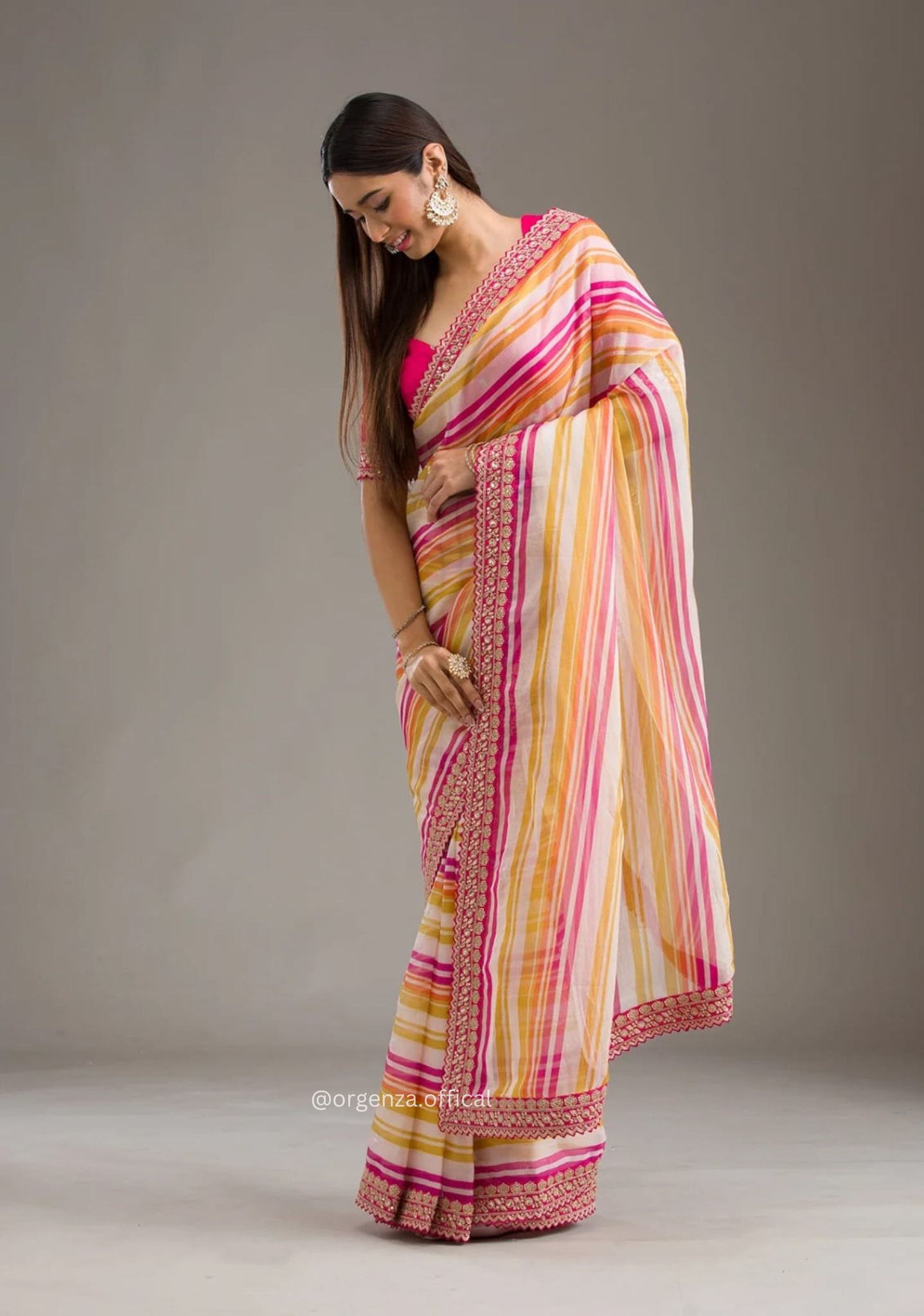 Pink Orange Colour Chinnon Silk Saree With Embroidery Work