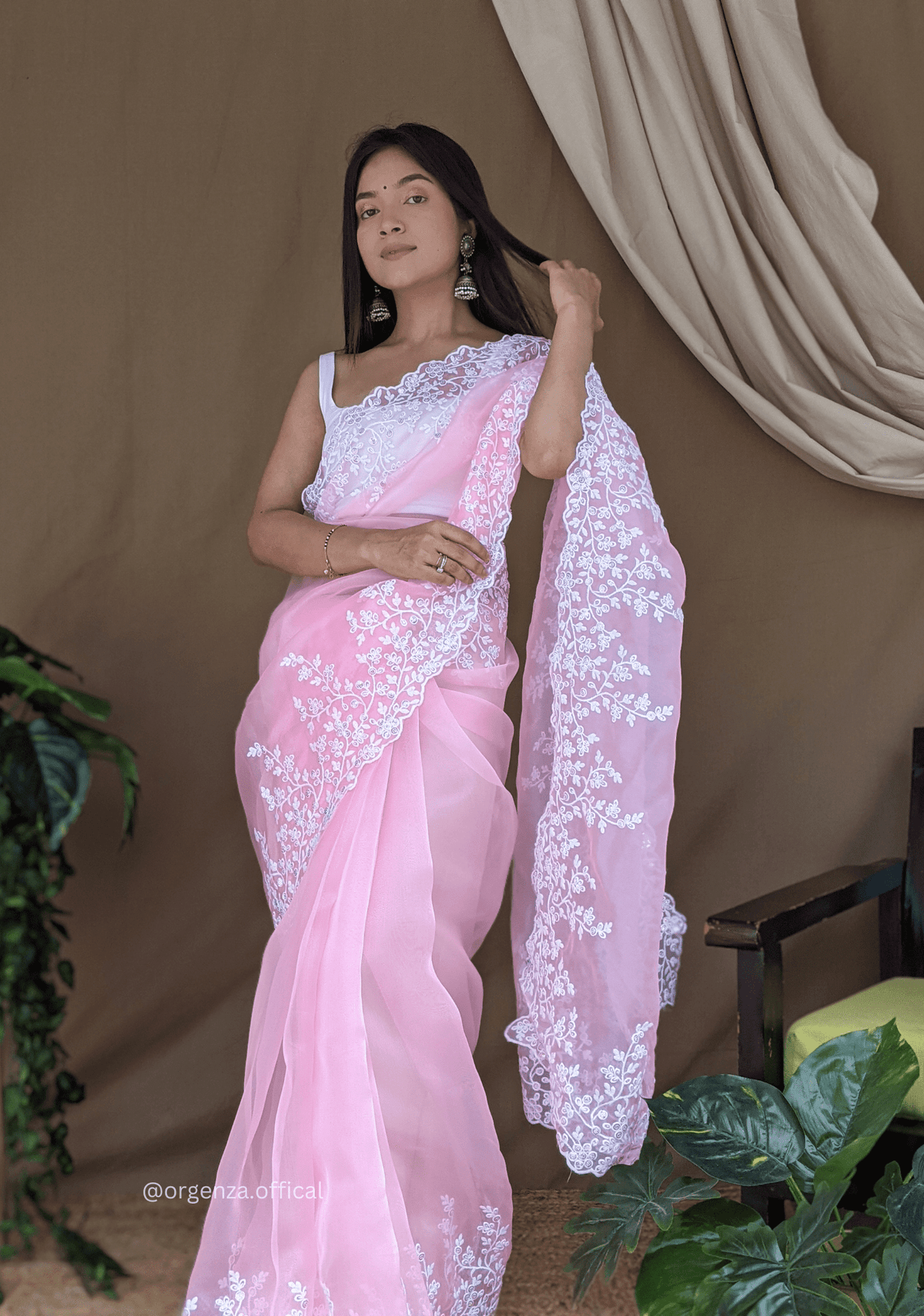 Organza Baby Pink Color Pure Organza Silk And Flower Embroidery Work - Orgenza Store - digisoch