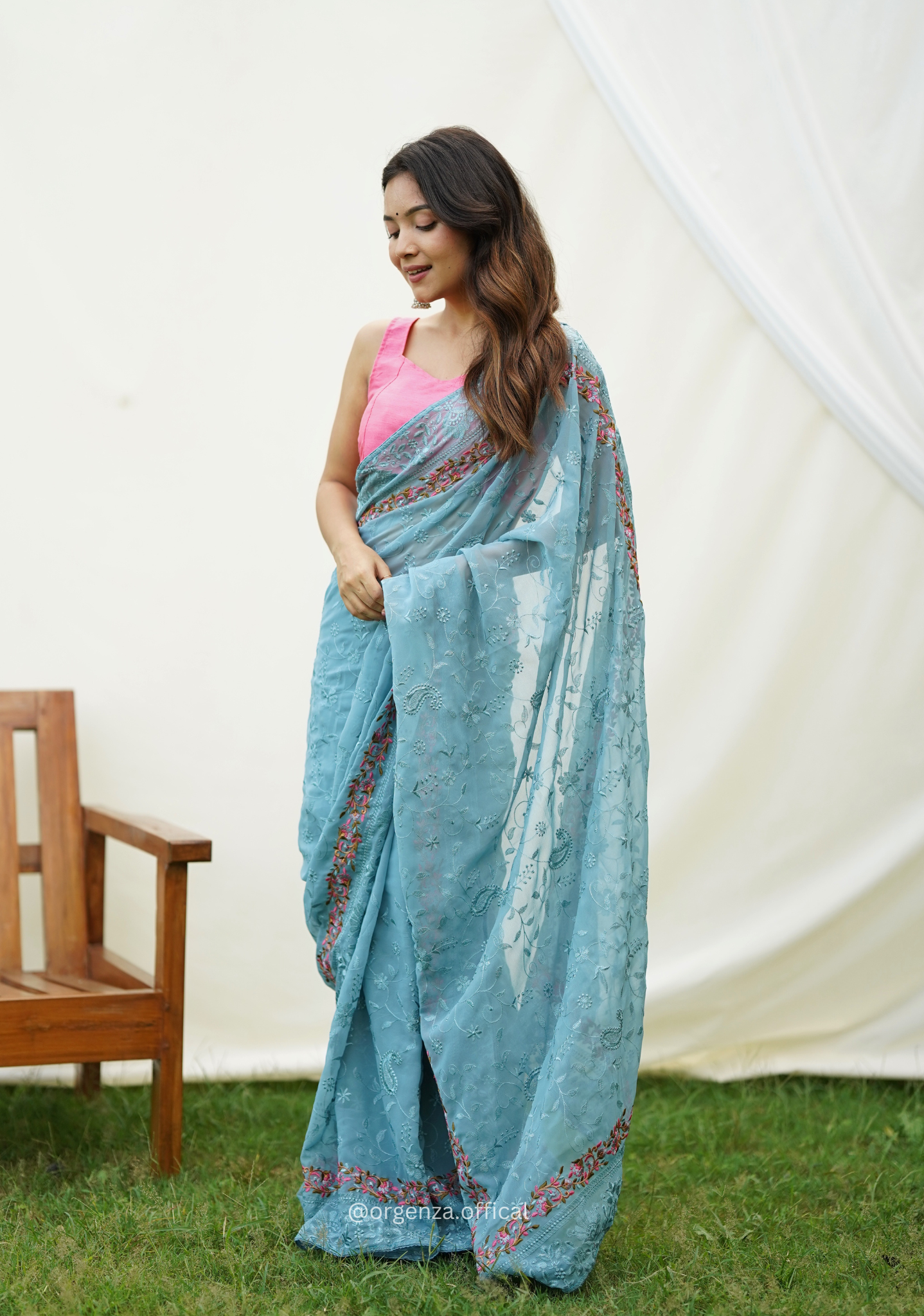 Sky Color Embroidery Work Heavy Georgette Silk Saree With Running Blouse - Orgenza Store