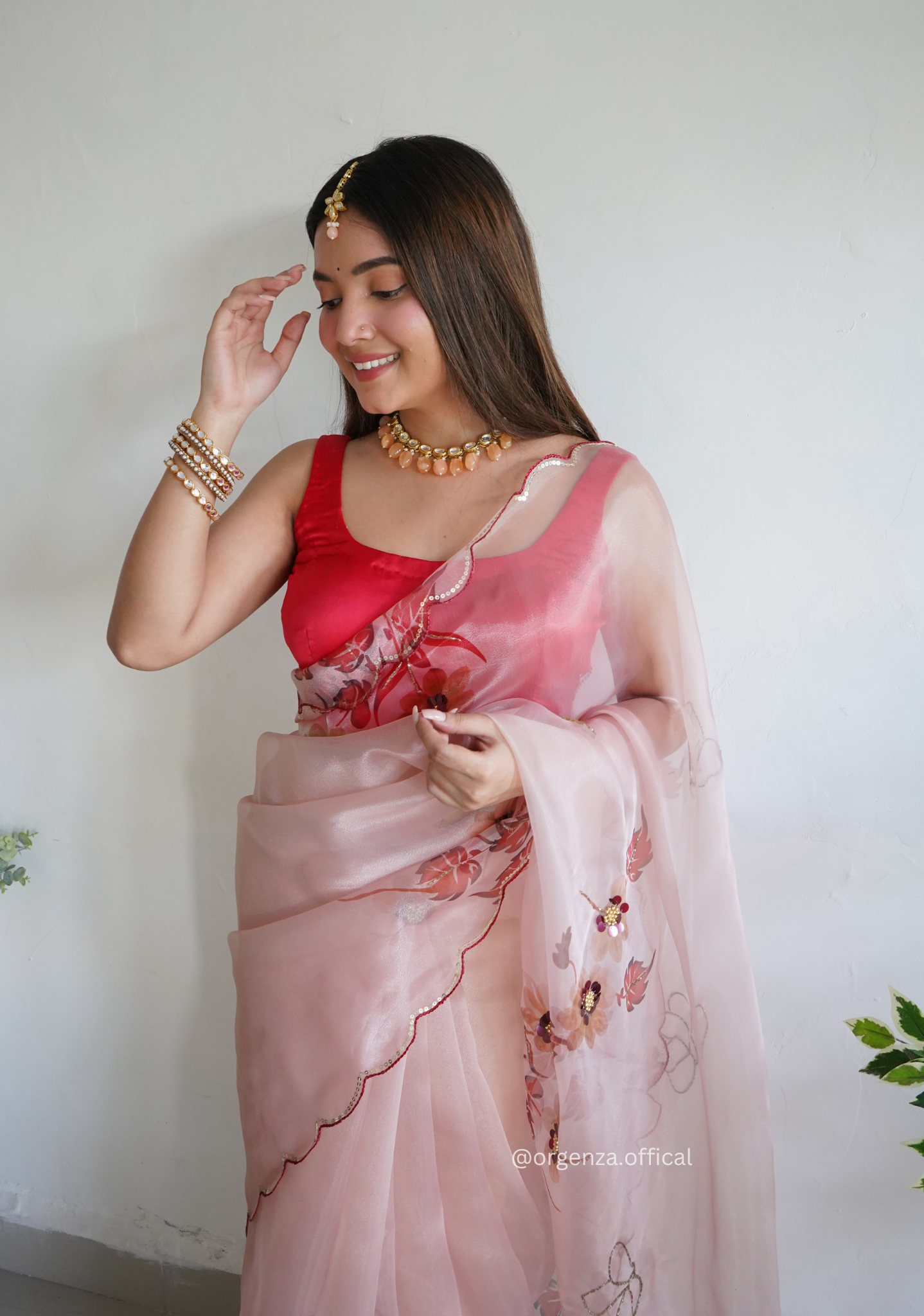 Onion Colour Organza Saree With Handwork