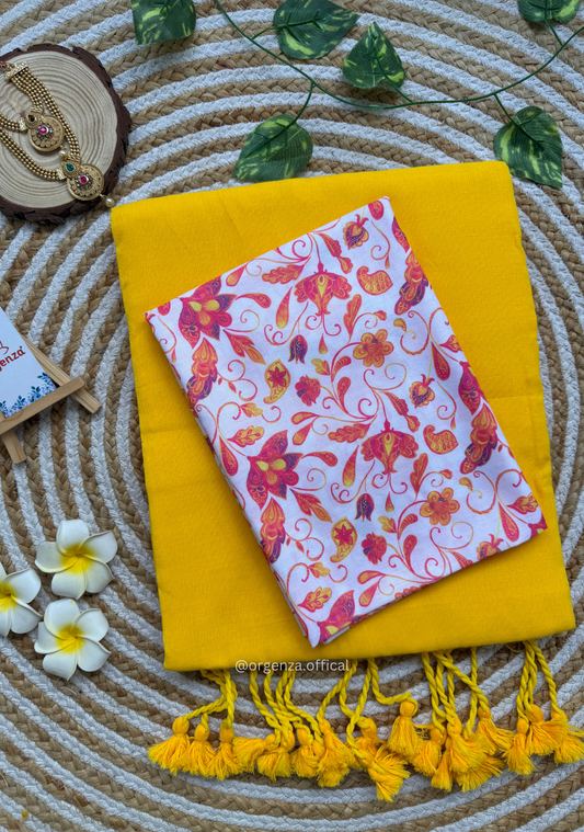 Yellow Colour Cotton Saree With White Multi Print Blouse