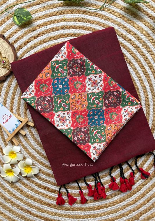 Maroon Cotton Saree With Chex print Blouse