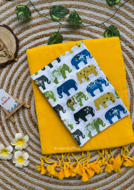 Yellow Colour Cotton Saree With Multi Elephant Print Blouse