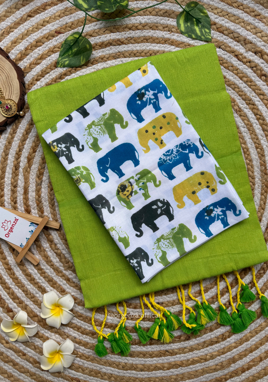 Parrot Green Colour Cotton Saree With Multi Elephant Print Blouse