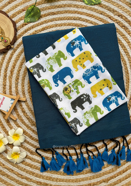 Rama Blue Colour Cotton Saree With Multi Elephant Print Blouse