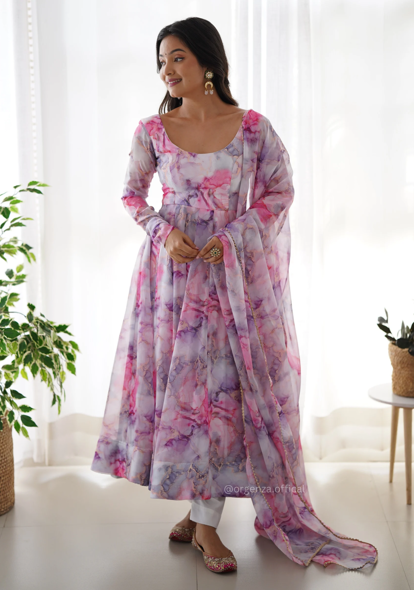 Pure Organza Floral Marble Printed Anarkali Kurti - Orgenza Store