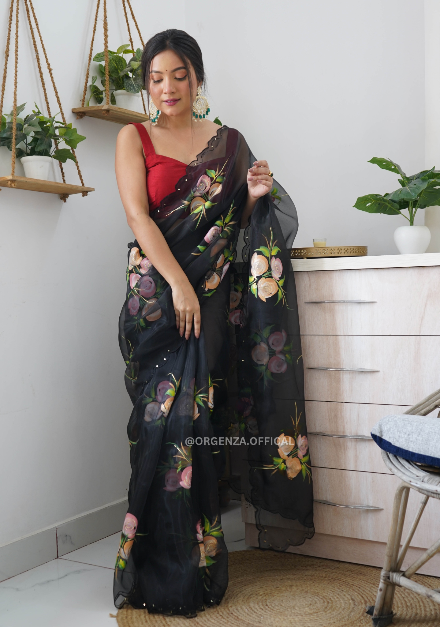 Black Hand Print Organza Saree With Blouse - Orgenza Store