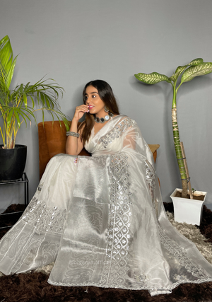 White Organza Saree With Gotta Patti Work - Orgenza Store