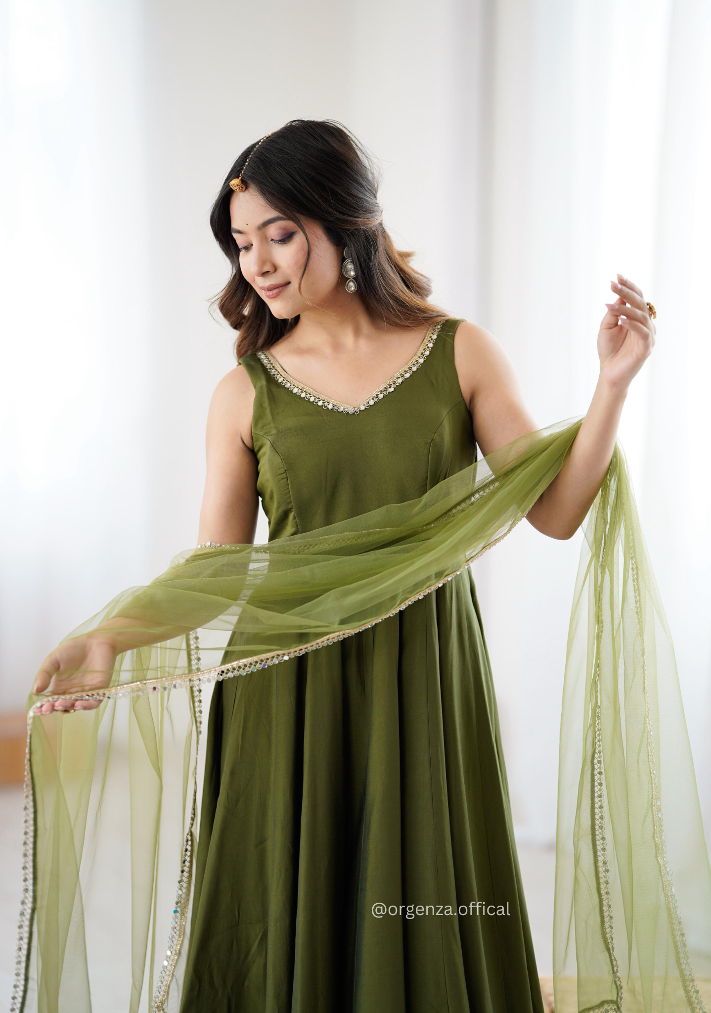 Green Colour Roman Silk Chanderi Anarkali Kurti