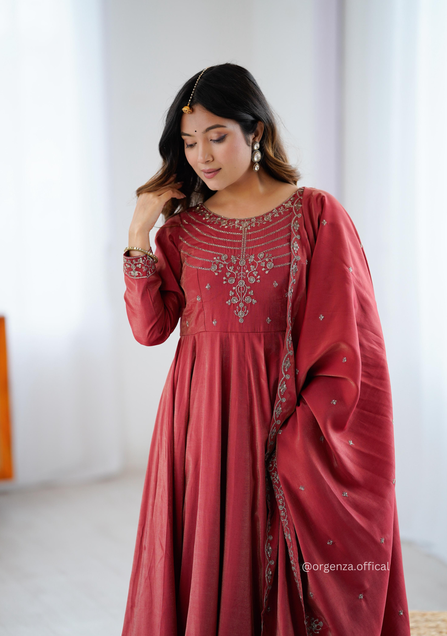Maroon Colour Roman Shimmer Chanderi Silk Anarkali Kurti