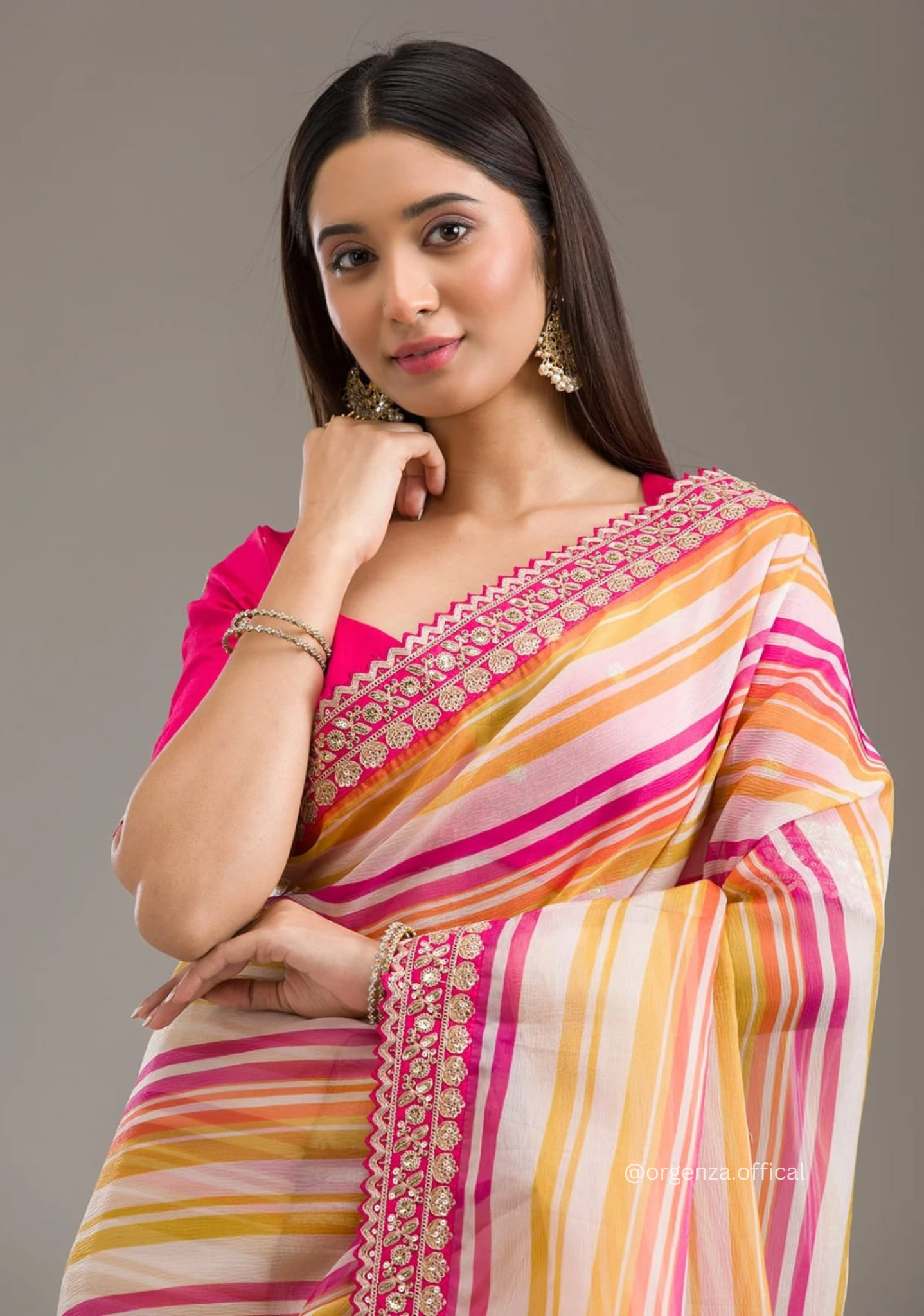 Pink Orange Colour Chinnon Silk Saree With Embroidery Work