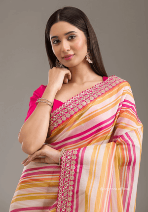 Pink Orange Colour Chinnon Silk Saree With Embroidery Work - Orgenza Store - digisoch