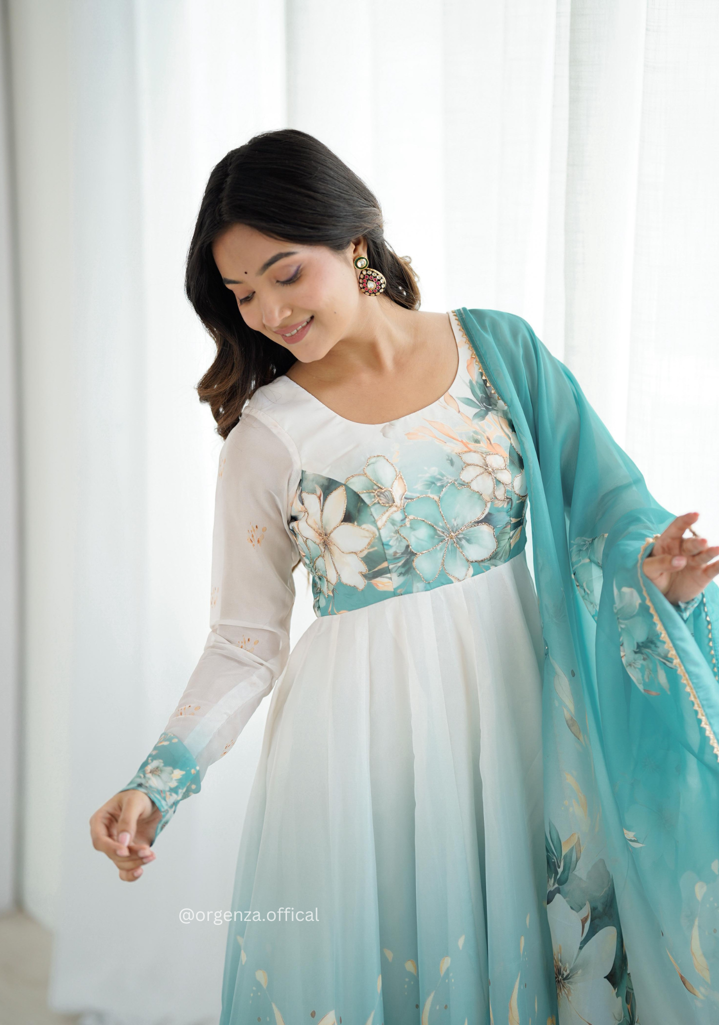 Aqua Blue Colour Organza Anarkali Kurti Set