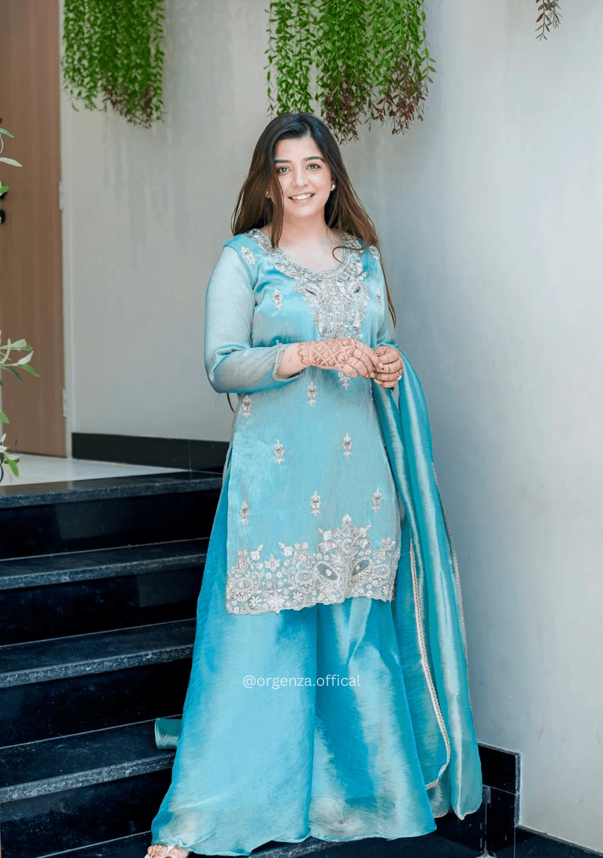 Sky Blue Pure GMY Silk Embroidered Kurta Pant Set with Dupatta